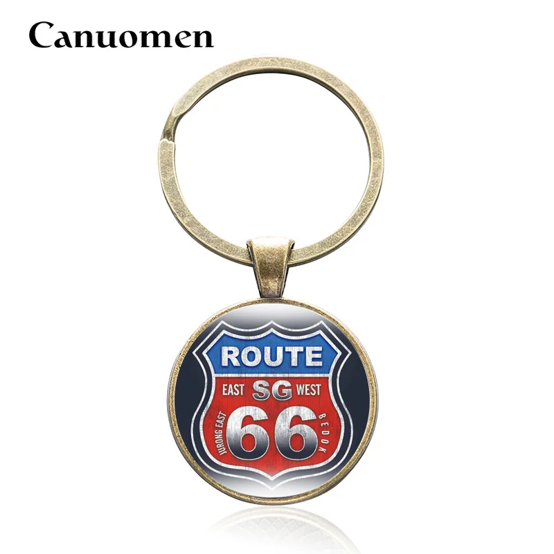 

Canuomen US Route 66 Keychains Alloy Glass Cabochon Keychain Birthday Gift Car Key Classic Fashion Jewelry Accessory