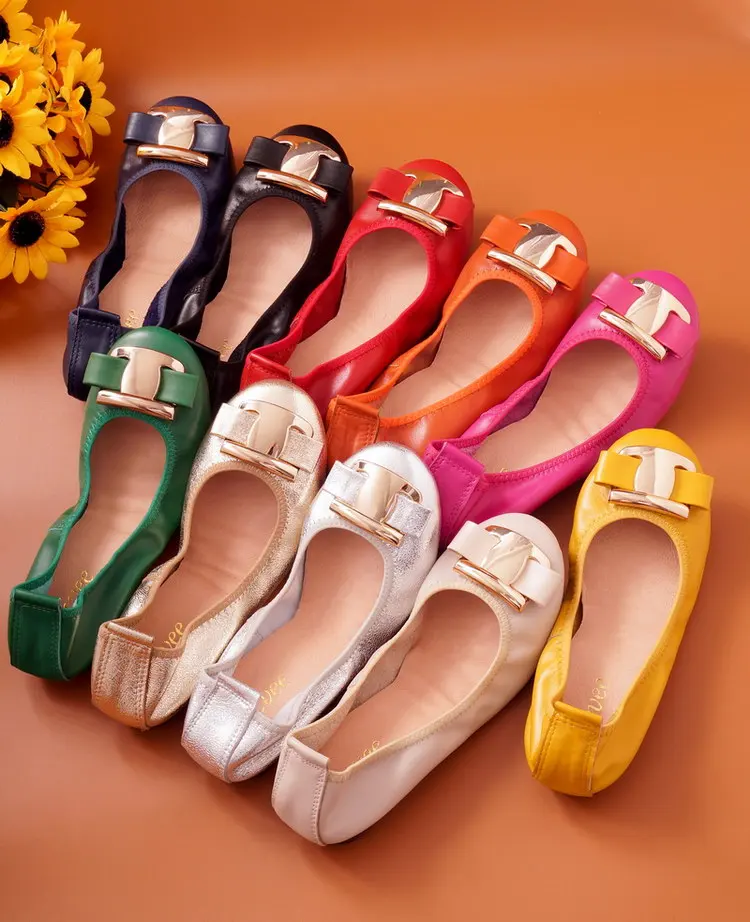 New Korean Slip On Balerinas Shoes For Womans Sweet Bow Metal Ladies Flat Genuine Leather Shoes Loafers Footwear Women Ballerina (27)