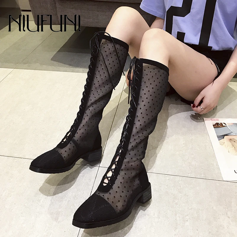 

Fashion Dot Mid-Calf Women's Cross Straps Boots Summer Low Heel Mesh Hollow Breathable Comfort Slip On Boots Women's Shoes 2019