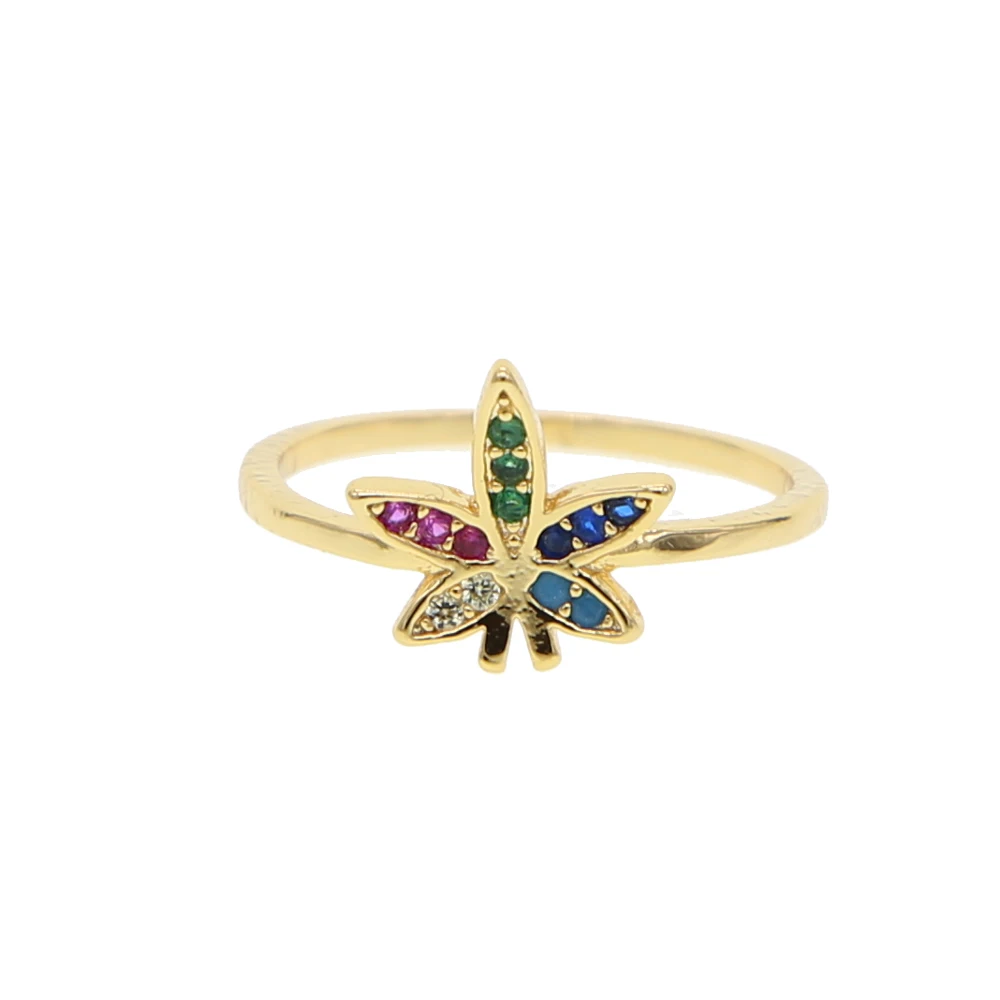 

2019 Summer new simple finger ring for women pave colorful rainbow jewelry cz leaf Gold color ring
