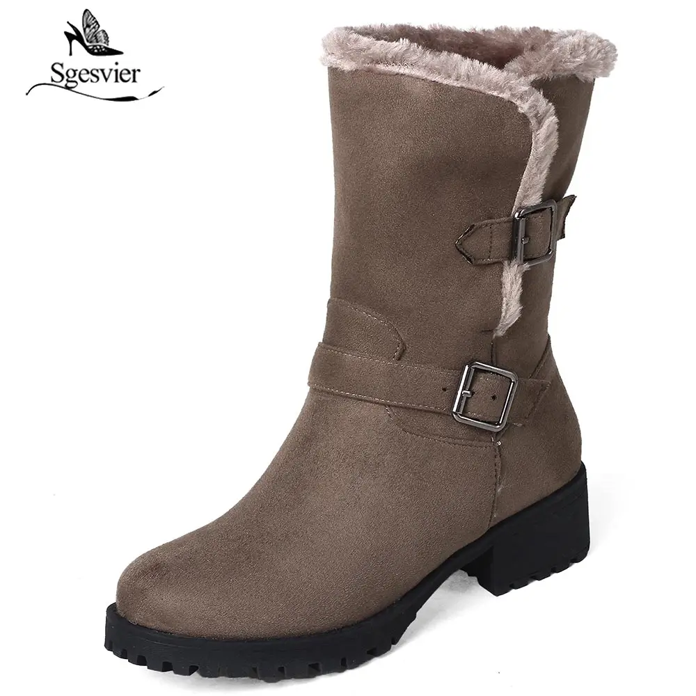 

Sgesvier Plus Size 33-44 Fashion Women Snow BootsThick Heel Warm Plush Fur Shoes Round Toe Mid Calf Boots Winter Footwear B742