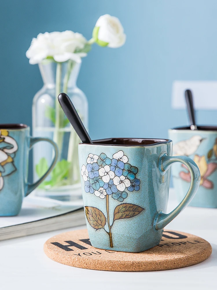 

Personality Water Cup Office Home Hand-painted Breakfast Coffee Creative Square Mug Ceramic Cup with Spoon
