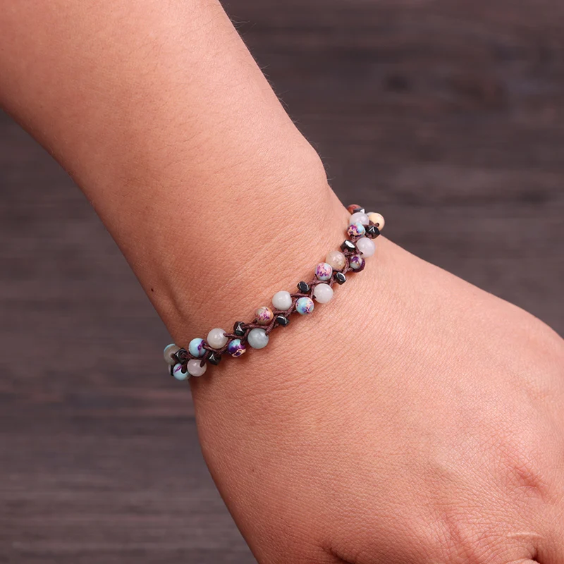 

Antique Bronze Button Bracelet Natural Amazonite Emperor Stone Weave Bracelets For Women Girls Jewelry