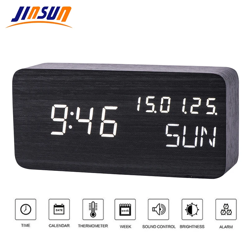 JINSUN Table Clock Sound Control Desktop Luminous Alarm Clock for Children Wooden Calendar Modern Adjustable Brightness