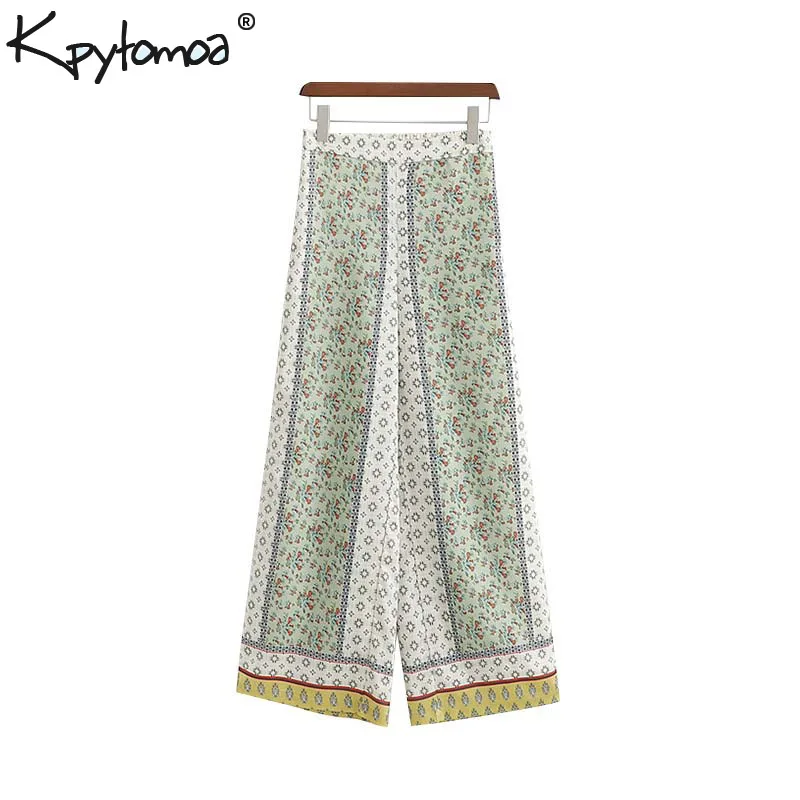 

Vintage Flowy Floral Print Wide Leg Pants Women 2019 Fashion High Elastic Waist Side Zipper Chic Ankle Trousers Pantalones Femme