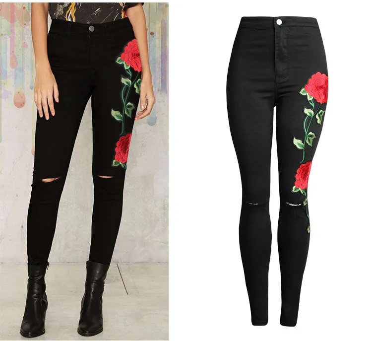 HCYO Designer Women Cloth Black Jeans 3D Floral Embroidery Slim Pencil Pants Pure Cotton Knee Hole Female Denim Jeans Trousers (2)