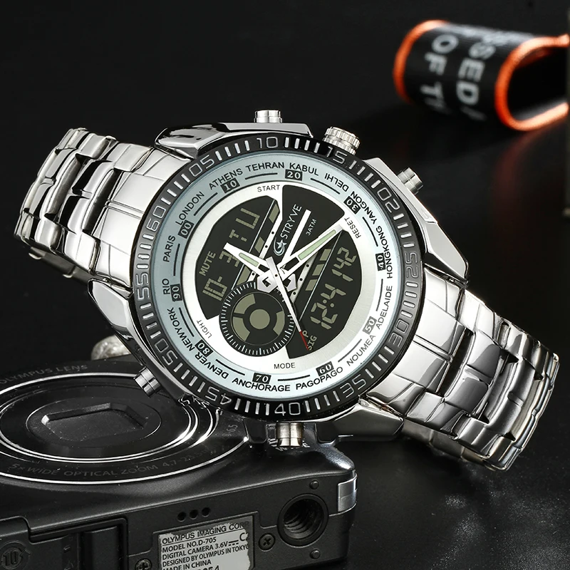 Relogio Masculino STRYVE Топ бренд спортивные мужские часы светодиодный наручные часы в стиле милитари Роскошные полностью из нержавеющей стали цифровые Кварцевые водонепроницаемые