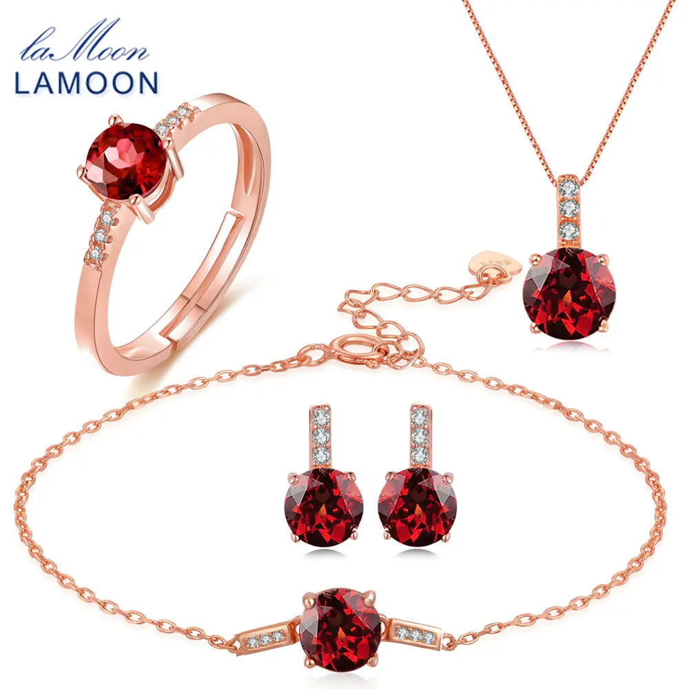 LAMOON модный 2ct натуральный красный гранат 925 пробы серебряные ювелирные изделия S925 ювелирный набор V014-1
