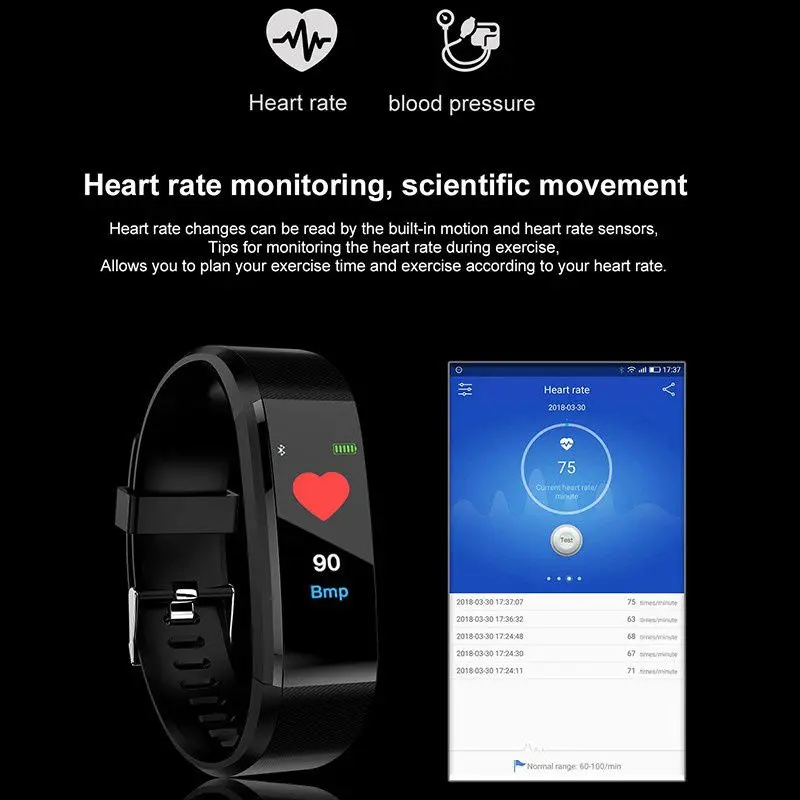 Waterproof Smart Bracelet Watch 115 Plus Blood Pressure Monitoring Heart Rate Monitoring Smart Wristband Fitness Band W