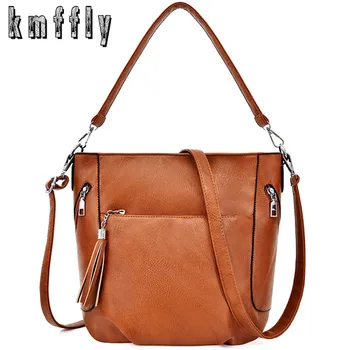 

2019 Fashion PU Leather Women Bucket Bag Vintage Tassel Messenger Bag High Quality Retro Shoulder Bag Simple Crossbody Bag Sac