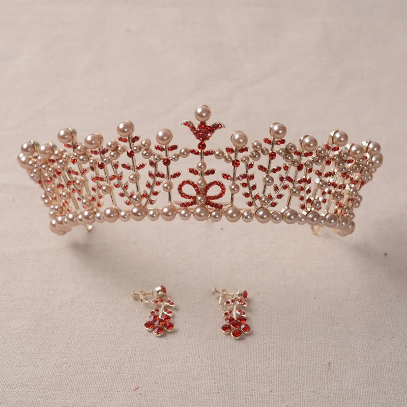 

Luxury Red Rhinestone Crystal Wedding Prom Crown Pearls Bridal Pageant Tiaras Bride Hair Jewelry Beauty Hair Accessories