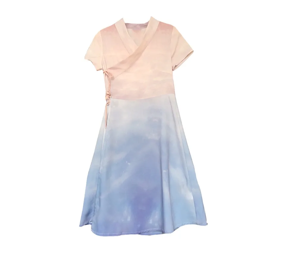 Pink Blue gradual change Print dress Retro Young girl student short sleeve dresses vestidos summer A-Line dress women