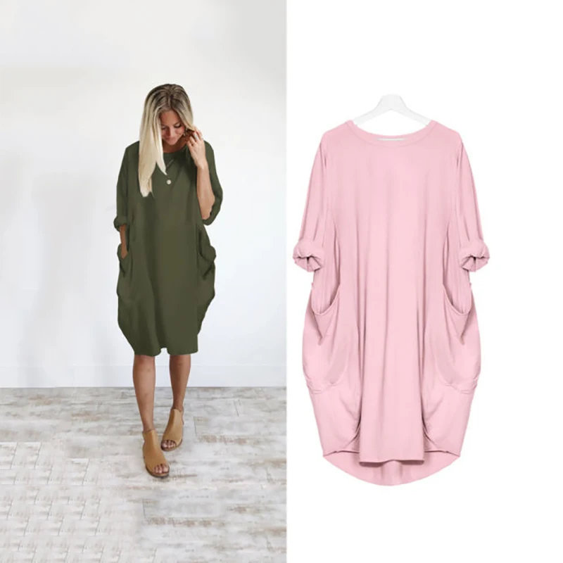 

Spring Autumn Womens Fashion Pocket Loose Dress Ladies Solid Crew Neck Casual Long Tops Dress Plus Size vestido