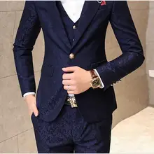 Мужской костюм на выпускной со штанами красные цветочные жаккардовые свадебные костюмы для мужчин 3 шт./компл.(куртка+ жилет+ брюки) корейские облегающие платья