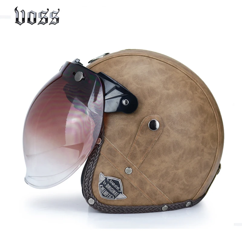 Retro motorcycle PU leather 3/4 open face helmet chopper bicycle helmet capacete predator helmet with goggles mask - Цвет: 3C