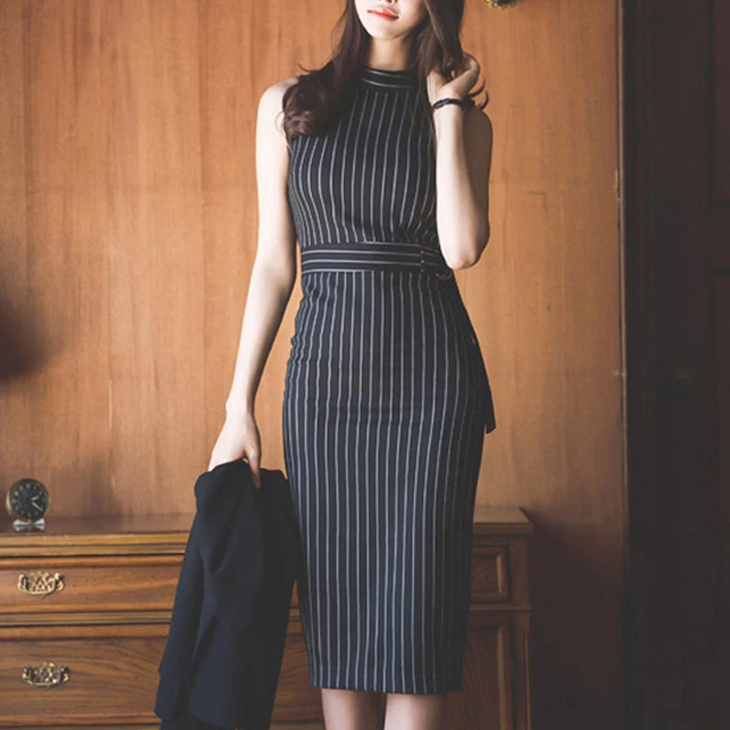 Striped Office Lady Work Dress Women Sleeveless Slim Sexy Summer Autumn Packaged Hip Elegant Fashion Vestido Mujer