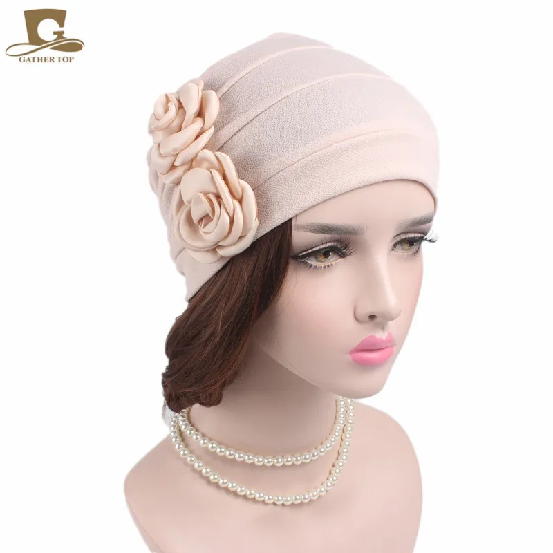 Новая женская элегантная шапочка с двойным 3d цветком тюрбан для сна подкладка