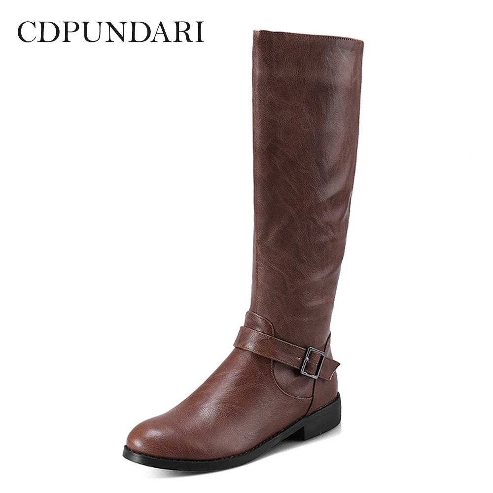 

CDPUNDARI Fashion Low Heel Calf Motorcycle boots women Winter boots shoes Black Brown