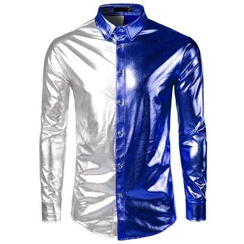 

Silver Blue Patchwork Long Sleeve Shirt Men 2018 Shiny Coated Metallic Night Club Shirt Mens Casual Button Down Dress Shirts XXL