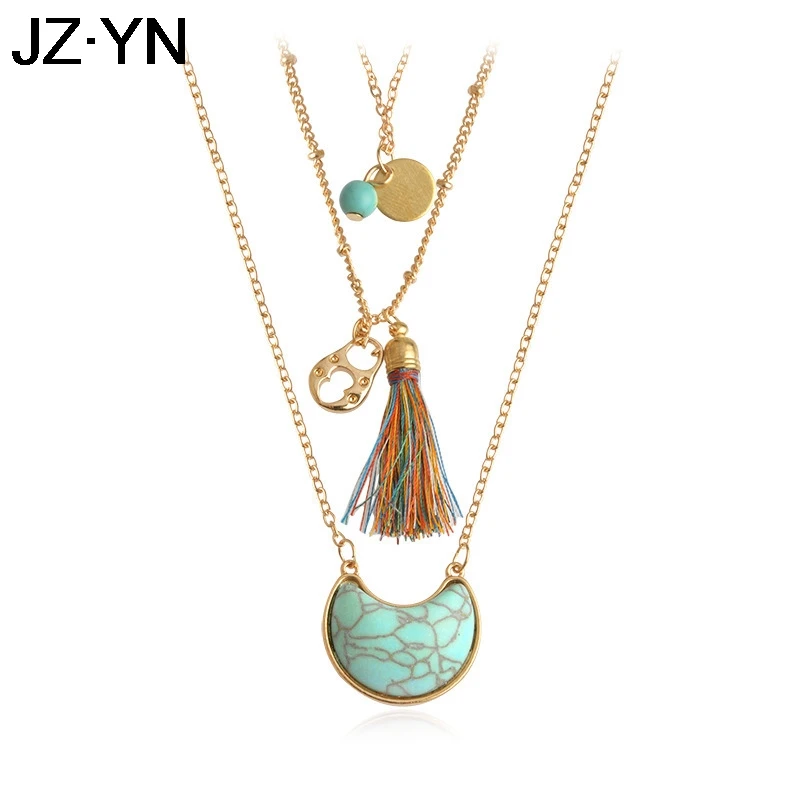 

JZYN 3 Layers Women Necklace With Horn White Blue Stone Tassel Charm Delicate Dainty Long Chain Beach Boho Tassel Moon Jewelry