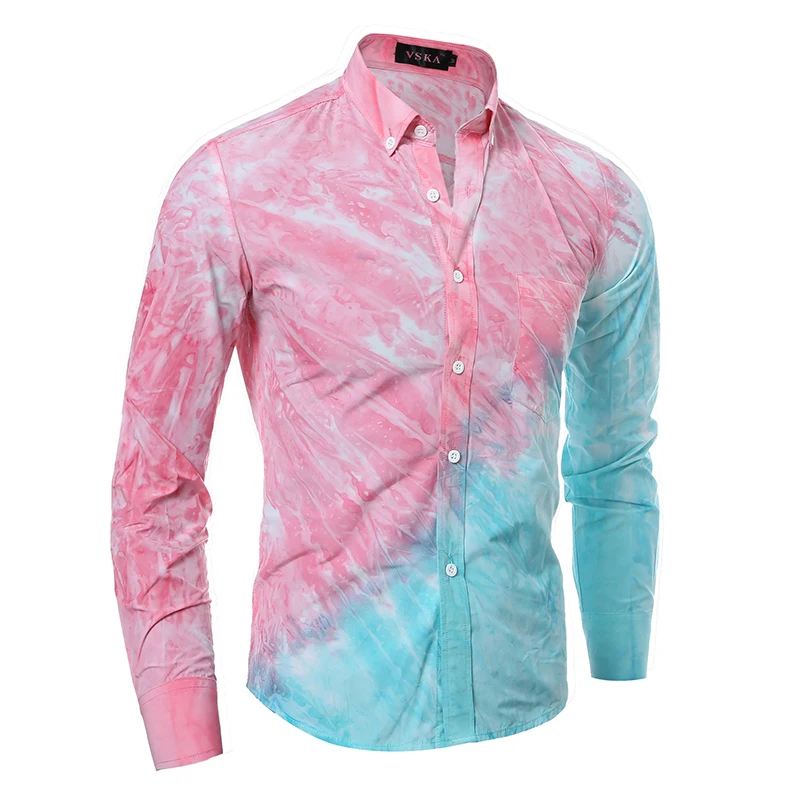Vska Men Long Sleeve Fitted Button Up Printed Flat Collar T-Shirts Shirts