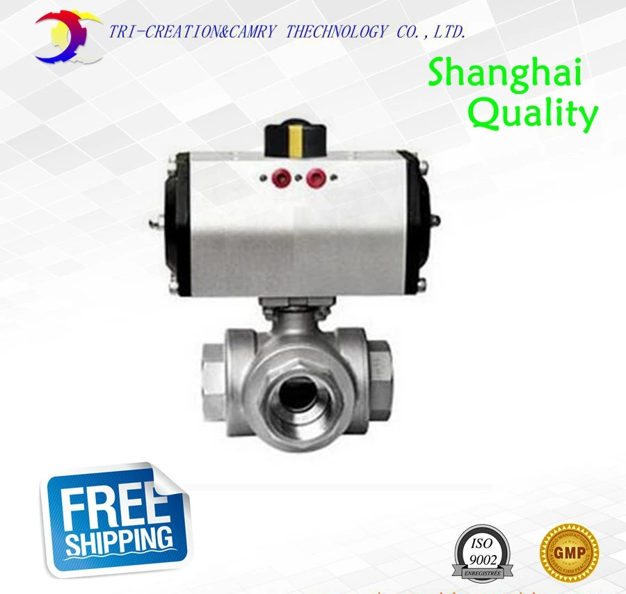 

1" DN25 thread stainless steel ball valve,3 way 316 screwed/female pneumatic ball valve_double acting AT T port ball valve