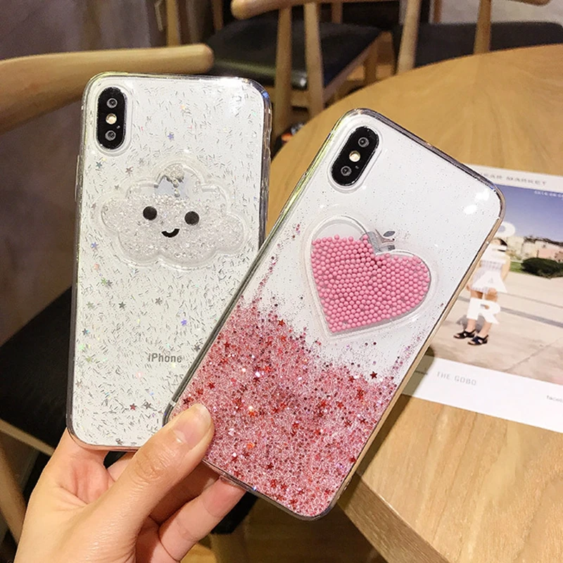Tfshining Liquid Heart Glitter Phone Case For iPhone 7 8 Plus 6 6S Plus X XR XS Max Smile Face Clouds Powder Soft TPU Back Cover (3)
