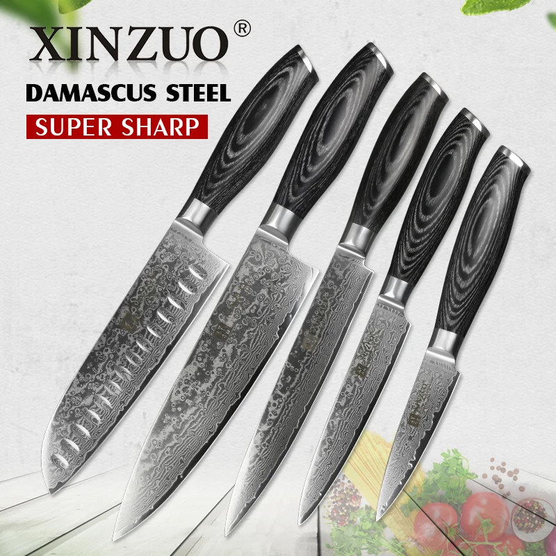  XINZUO 5Pcs Kitchen Knives Set 67 layer Japanese VG10 Damascus Steel Chef Cleaver Santoku Utility P - 32412859006