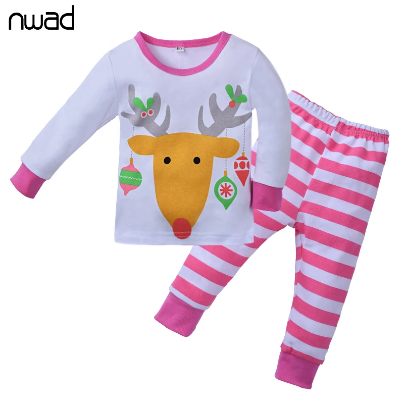 

2017 New Christmas Children Clothing Bbay Girls Suits Cotton Deer Stripe Tops +Pants Pajamas Kids Sleepwear Sets Clothes CF332