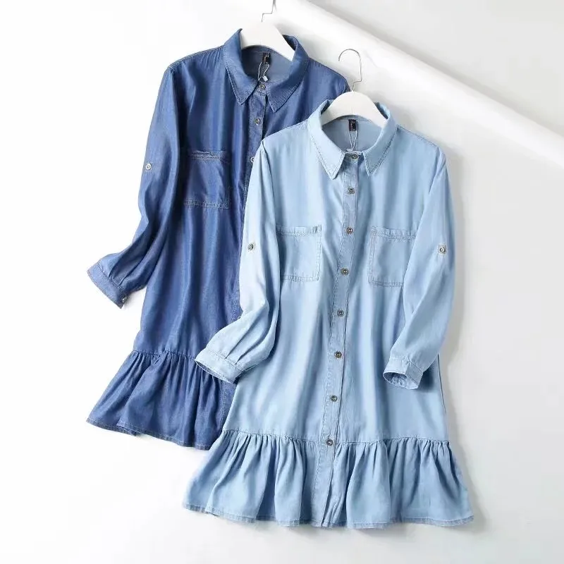 

Pocket long sleeve denim Single-breasted fishtail dress women