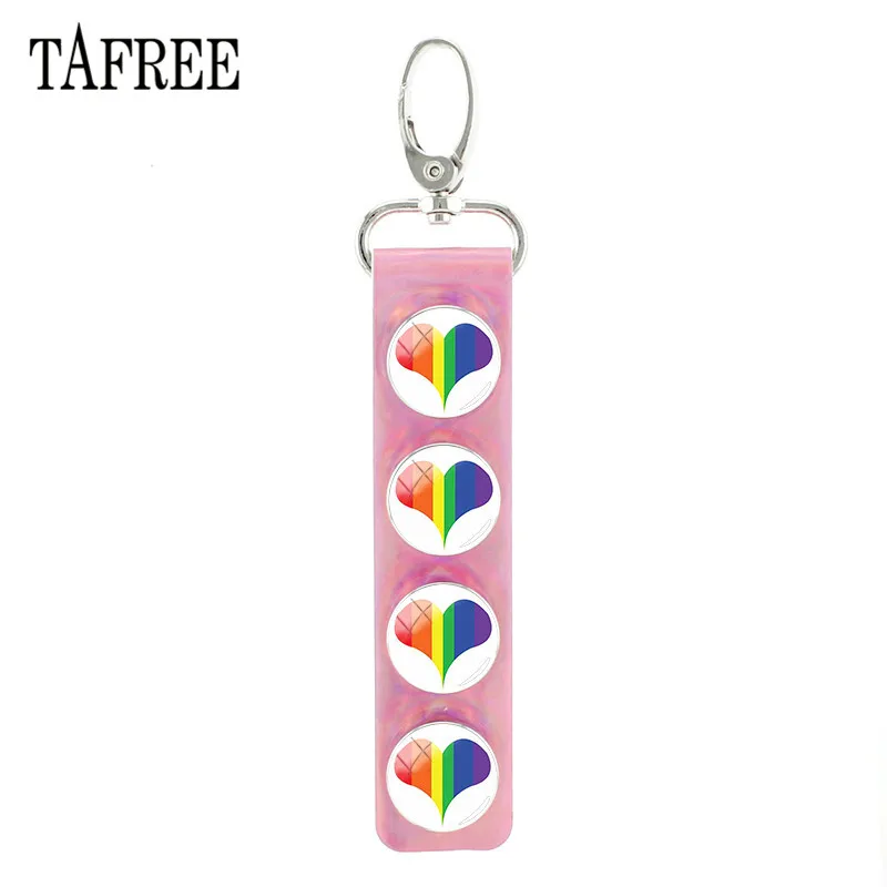 

TAFREE New LGBT Glass Rainbow Love Heart Image Snap Button Keychain PU Leather Gay Love Lesbian Key Chains Charm Pendant BT52