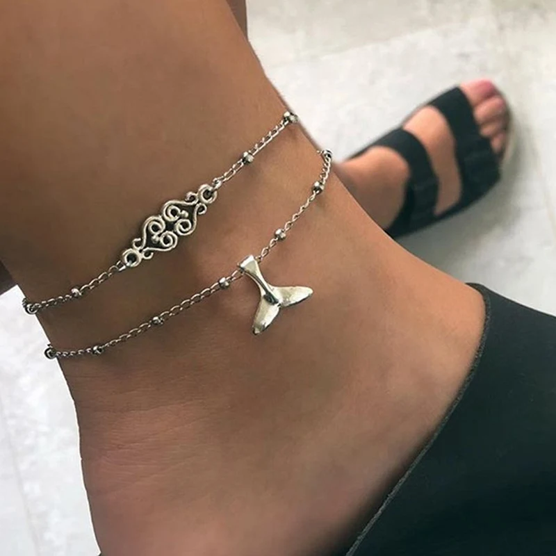 

Bohemian Mermaid Fish Tail Anklets for Women Ethnic Silver Color Carved Charm Barefoot Sandals Ankle Bracelet Jewelry
