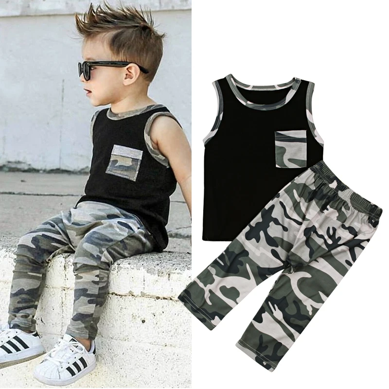 

Rorychen Children Baby Boys Clothes 2018 New Summer Black Sleeveless Vest+Camouflage Long Pants 2Pcs Suit Kids Clothes