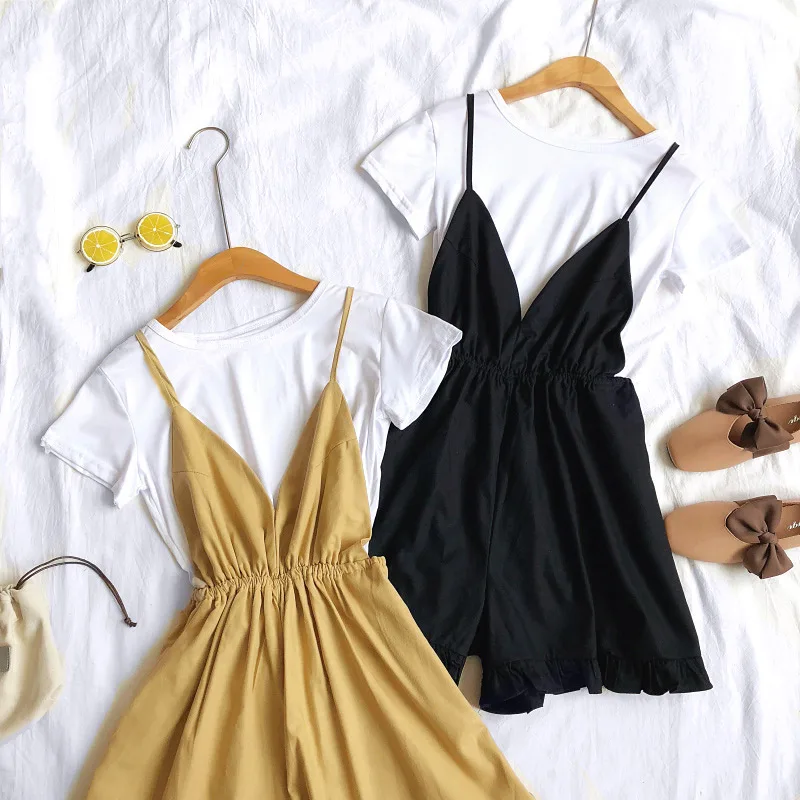 

2 Pieces Set Women's Wide Leg Playsuit Short Sleeve O-neck T-shirt Solid Ruffles Overalls Women 2019 Summer New Playsuits Sets