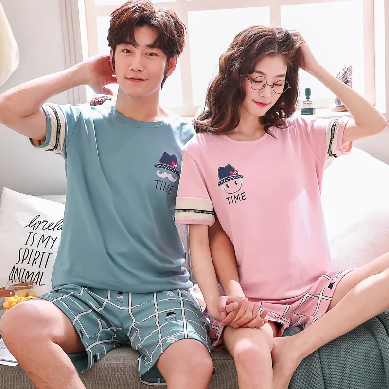 Женские хлопковые пижамы с мультипликационным принтом летние полосатые для пар