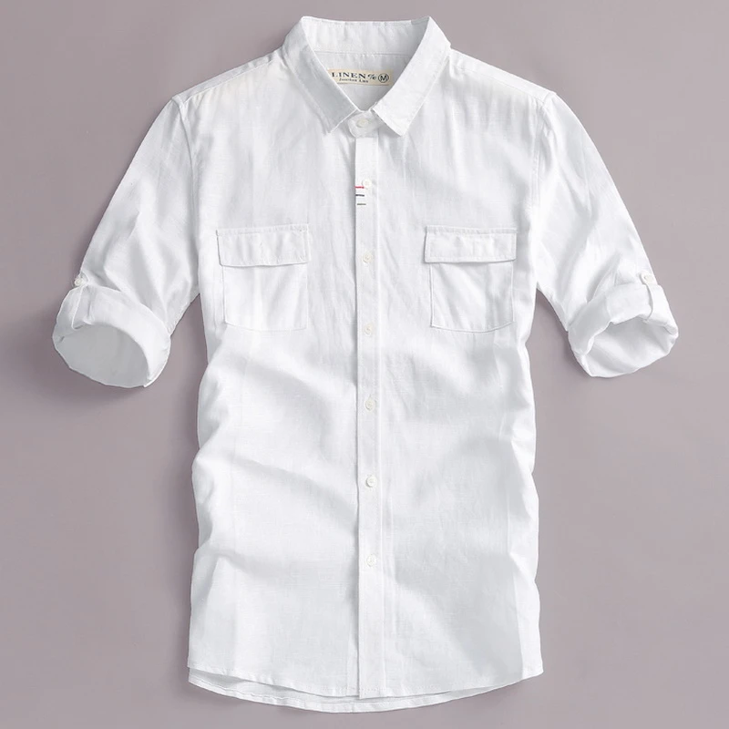 新人デザイナーリネンシャツ男性ハーフ袖の綿のメンズシャツ白色固体シャツメンズブランド服男性シャツカミーサシュミーズ Aliexpress