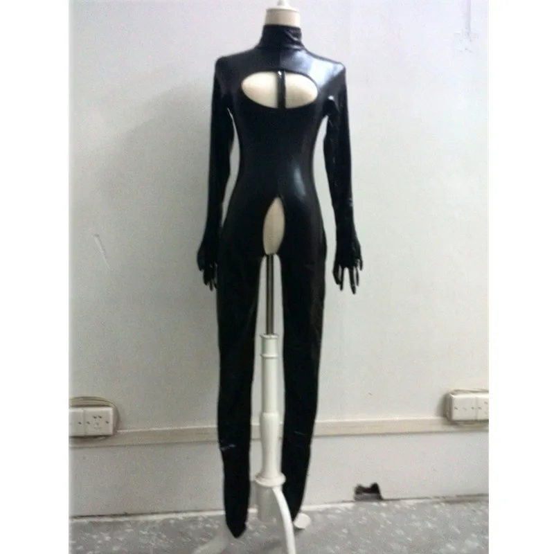  Sexy PVC Latex Catsuit Women Black wetlook Faux Leather Open Bust Bodysuit gay hot erotic Costume O