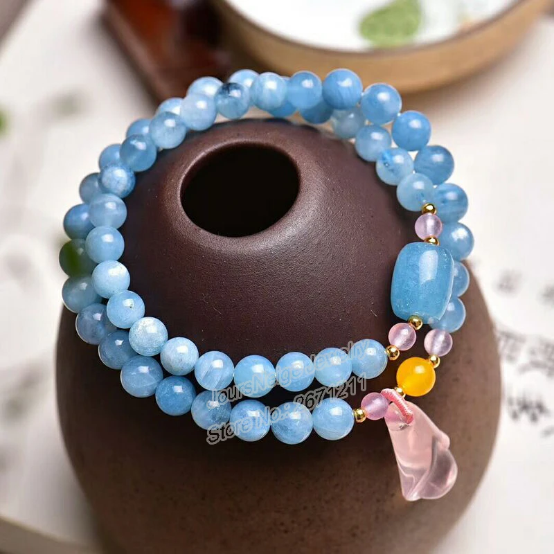 

Wholesale Blue Natural Crystal Bracelets 6mm beads With Pink Magnolia Flower Pendant Crystal Bracelet for Women Fresh Jewelry
