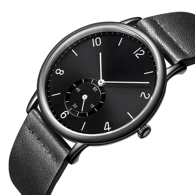 Men's Black Watch With Leather Strap - Custom Watch Manufacturer