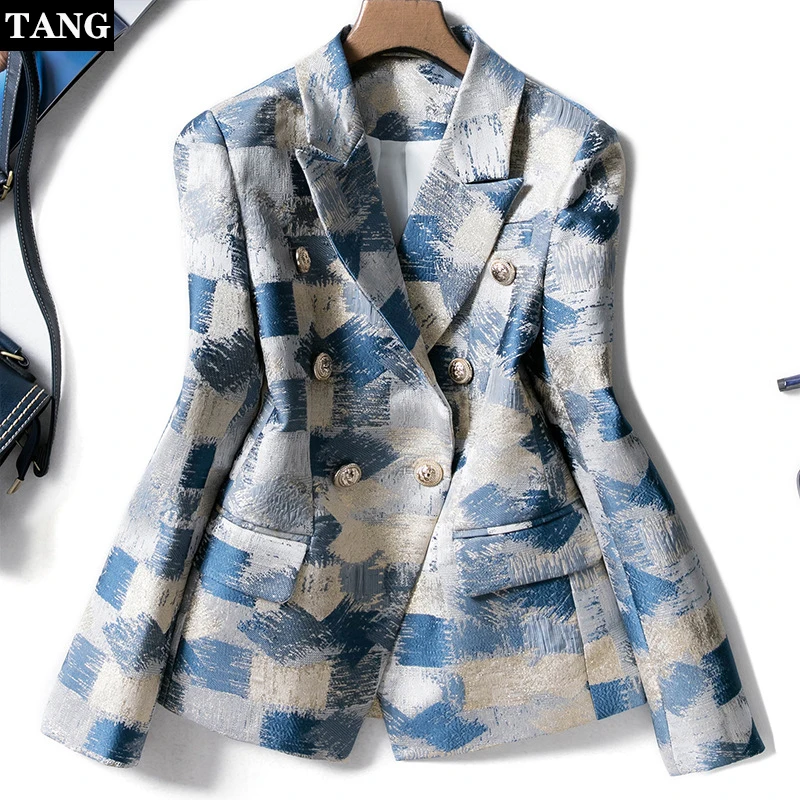 Tang Runway с принтом двубортный Элегантный женский Блейзер Куртки с длинным рукавом плед граффити Винтаж Vadim Feminino