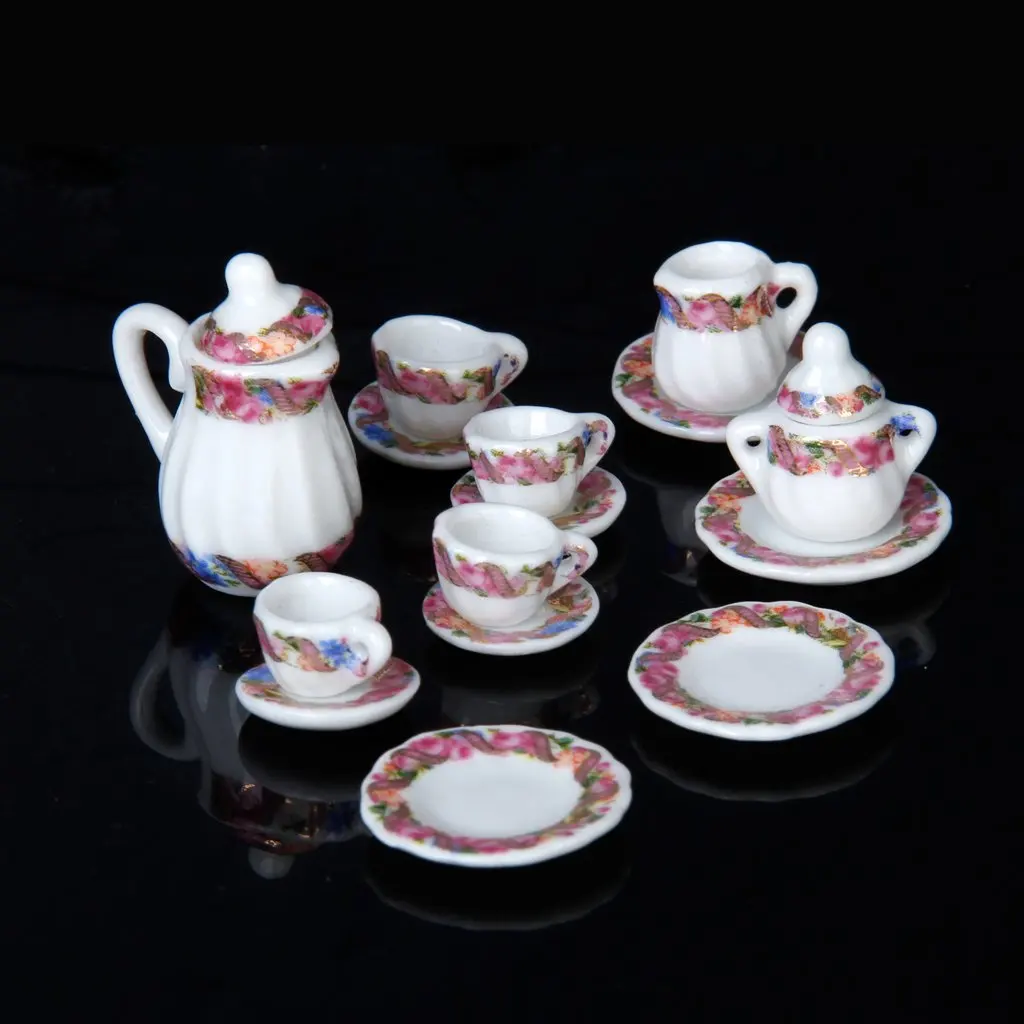 15pcs Dollhouse Miniature Dining Ware Porcelain Tea Set Dish Cup Plates 12th