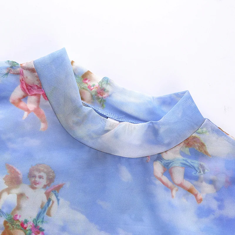 Летняя женская футболка Michelangelo Angel печать на прозрачной поверхности сетчатые Футболки с длинным рукавом Harajuku водолазка короткие сексуальные топы весна