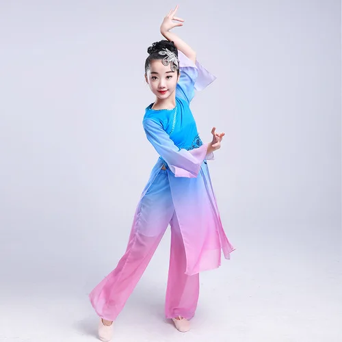 Китайский стиль Hanfu Классический танец Yangge представление костюм стиль дети вентилятор танец hmong представление одежда - Цвет: 1