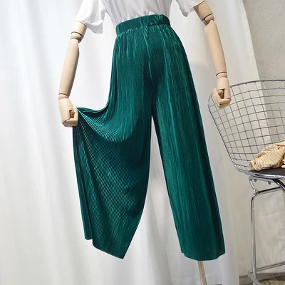 Весна Лето Новые Модные женские винтажные Широкие штаны с высокой талией женские длинные свободные мягкие тонкие плиссированные брюки для девушек - Цвет: green