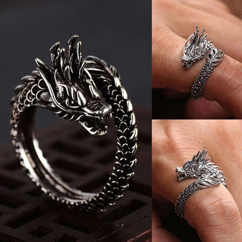 Stereo Imperious Chinese Dragon Pattern Jewelry Symbol Of Power And Wealth Black Color Tibetan Silver Punk Ring For Cool Men | Украшения и