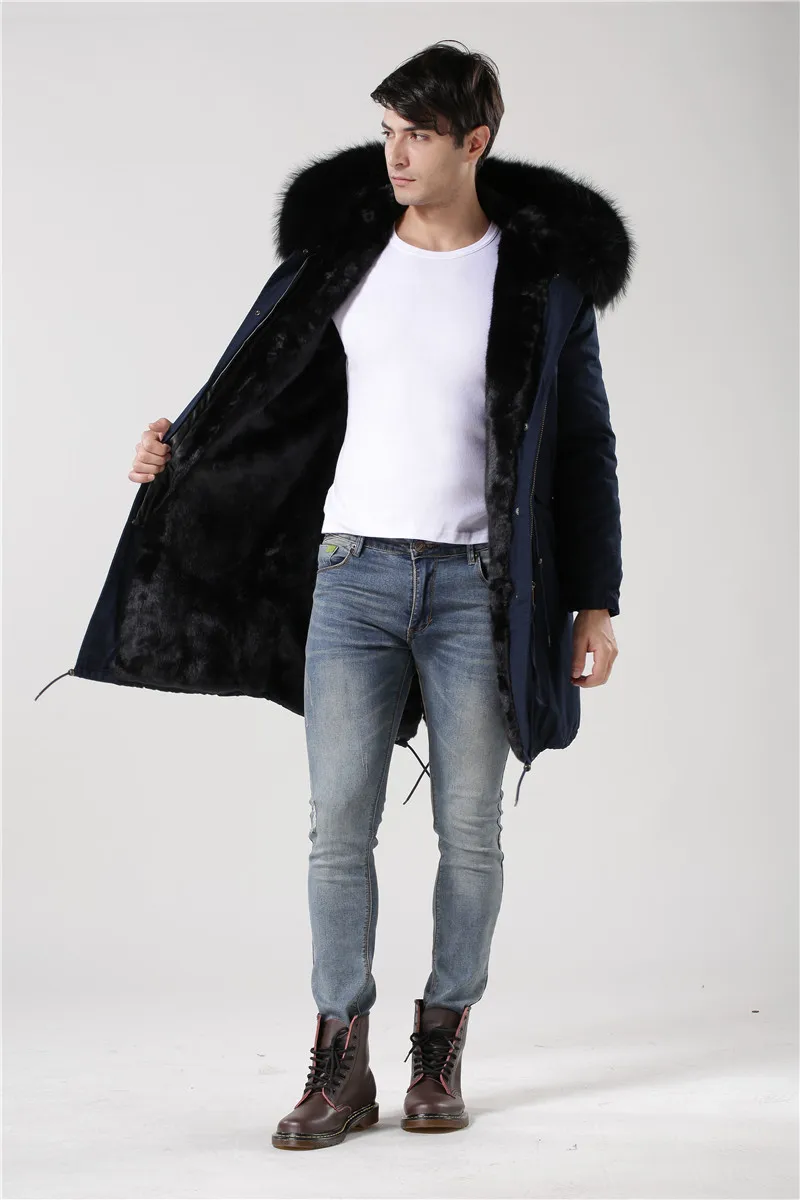 Джентльменский стиль зимняя длинная куртка mr мех пальто темно-синяя ракушка черная внутри настоящий енот мех с капюшоном парка