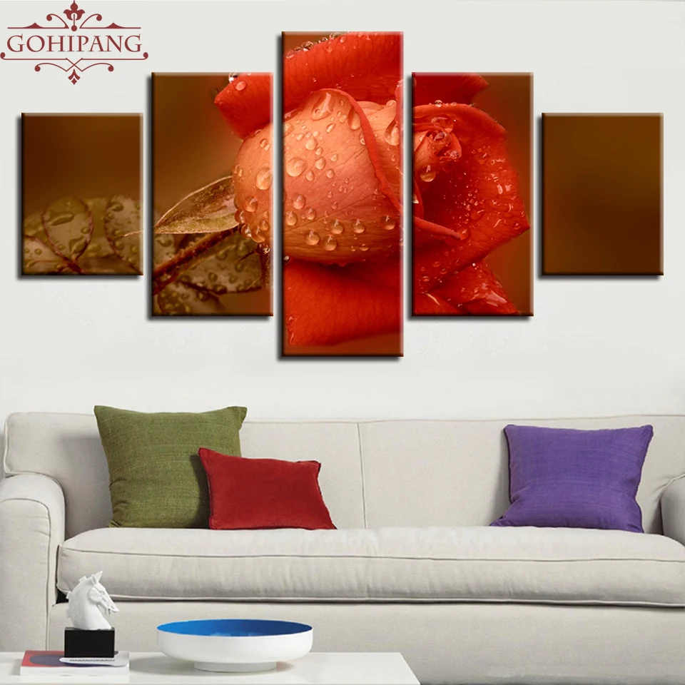 HD-Prints-Canvas-Home-Decor-Wall-Art-Poster-5-Pieces-Orange-Red-Roses-Painting-Modular-Flower (1)