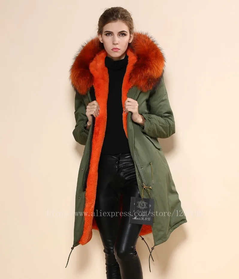 Мода Высокое качество Для женщин меховое пальто, куртка, парка натуральный меховой воротник оранжевый меховое пальто; парка зимняя куртка с мехом
