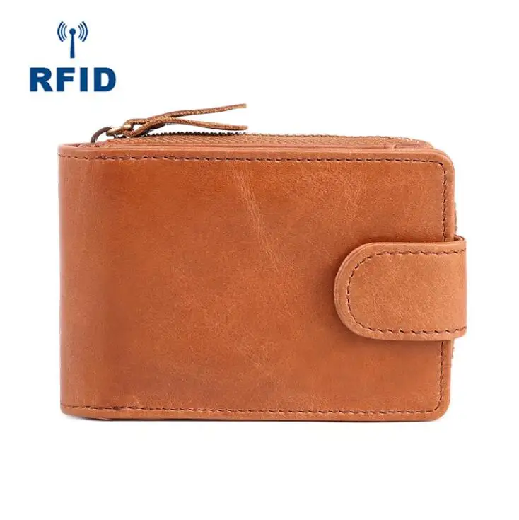 Мужской кошелек из натуральной кожи, маленький мужской кошелек на молнии и застежке, мужской короткий кошелек для монет, бренд Perse Carteira для Rfid LI-2287 - Цвет: Brown