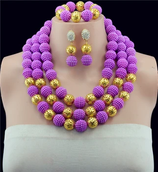 

Purple Costume African Jewelry Sets Gold-color Chunky Nigerian Ball Wedding Jewelry Set Bridal Statement Jewelry Set